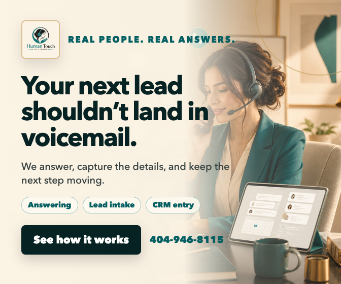 Human Touch Answering Service. Your next lead should not land in voicemail. We answer, capture the details and keep the next step moving. Answering, lead intake, CRM entry. 404-946-8115.